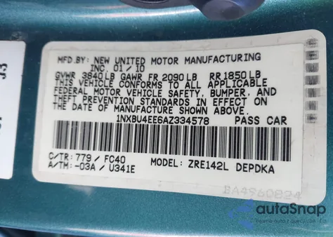 2010 Toyota Corolla Le из США, поврежденный, VIN 1NXBU4EE6AZ334578